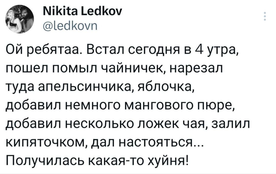 Ой ребятаа. Встал сегодня в 4 утра, пошел помыл чайничек, нарезал туда апельсиника, яблочка, добавил немного мангового пюре, добавил несколько ложек чая, залил кипяточком, дал настояться... Получилась какая-то хуйня!