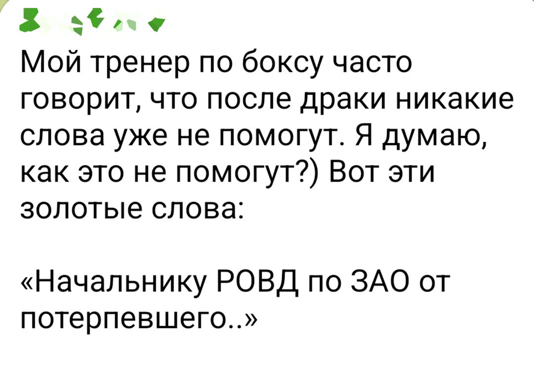 Мой тренер по боксу часто говорит, что после драки никакие слова уже не помогут. Я думаю, как это не помогут?) Вот эти золотые слова: «Начальнику РОВД по ЗАО от потерпевшего..»