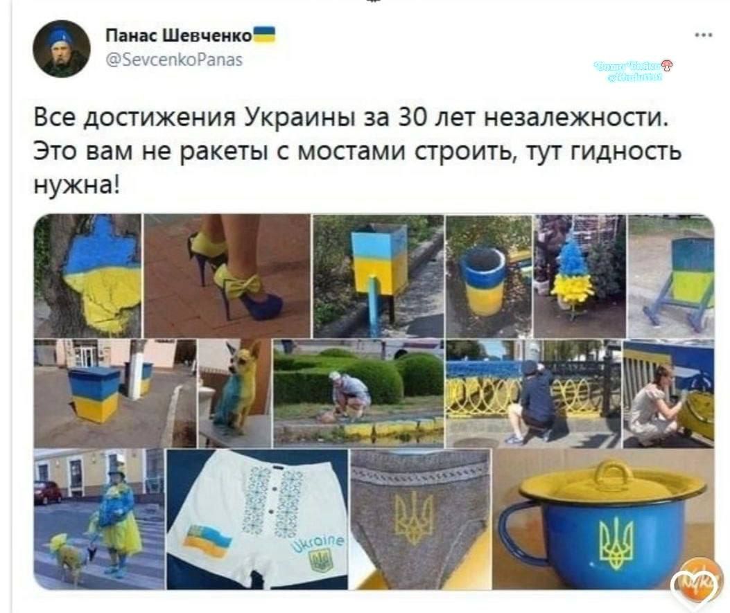 Все достижения Украины за 30 лет независимости. Это вам не ракеты с мостами строить, тут гидность нужна!