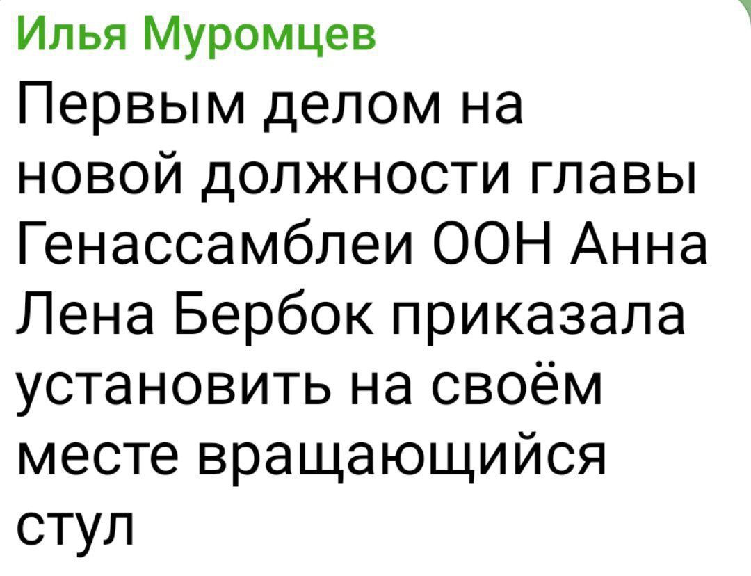 Первым делом на новой должности главы Генассамблеи ООН Анна Лена Бербок приказала установить на своём месте вращающийся стул