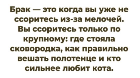 Брак — это когда вы уже не ссоритесь из-за мелочей. Вы ссоритесь только по крупному: где стояла сковородка, как правильно вешать полотенце и кто сильнее любит кота.