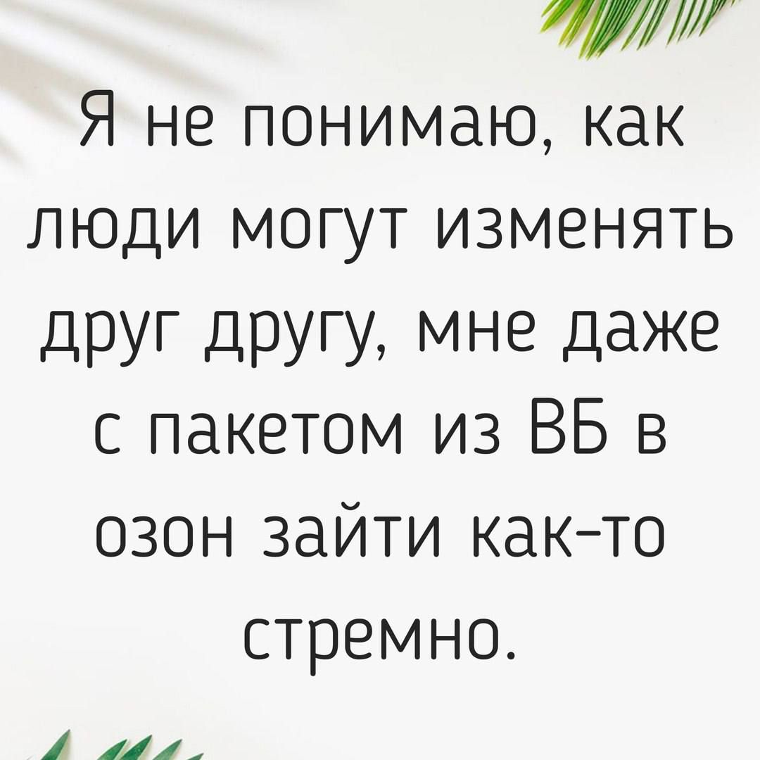 Я не понимаю, как люди могут изменять друг другу, мне даже с пакетом из ВБ в озон зайти как-то стрёмно.