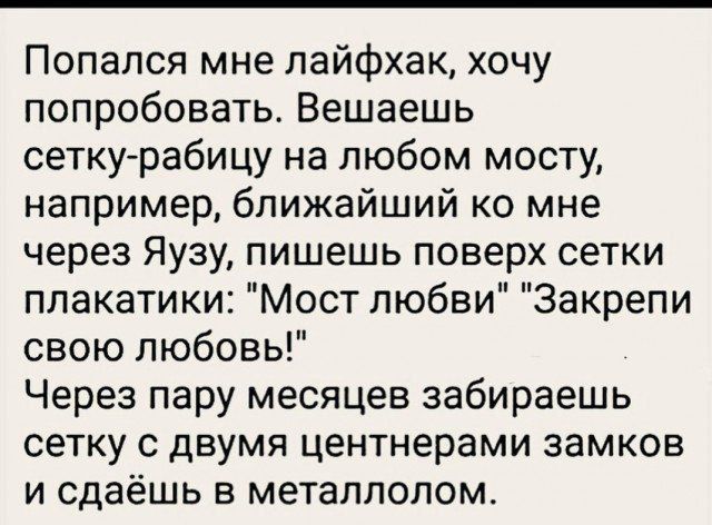 Попался мне лайфхак, хочу попробовать. Вешаешь сетку-рабицу на любом мосту, например, ближайший ко мне через Яузу, пишешь поверх сетки плакатики: 