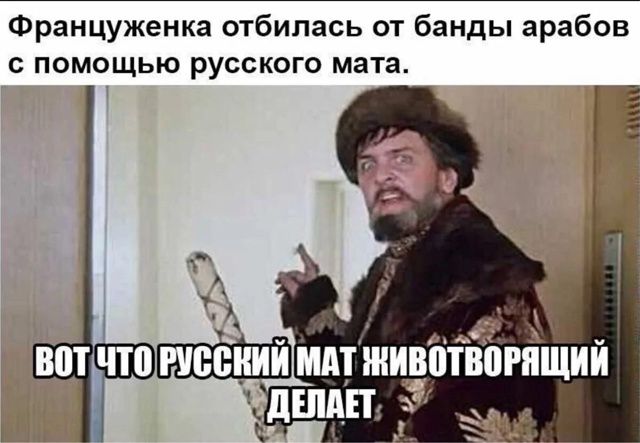 Француженка отбилась от банды арабов с помощью русского мата.
ВОТ ЧТО РУССКИЙ МАТ ЖИВОТВОРЯЩИЙ ДЕЛАЕТ.