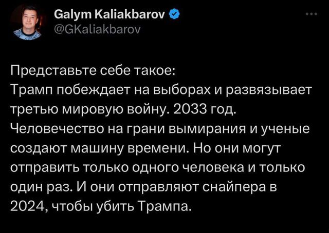 Представьте себе такое: Трамп побеждает на выборах и развязывает третью мировую войну. 2033 год. Человечество на грани вымирания и учёные создают машину времени. Но они могут отправить только одного человека и только один раз. И они отправляют снайпера в 2024, чтобы убить Трампа.
