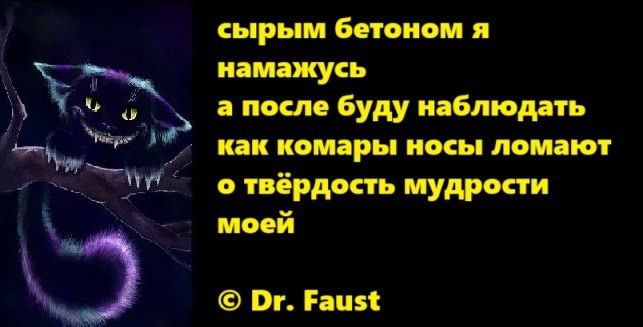 сырьем бетоном я намажусь а после буду наблюдать как комары носы ломают о твёрдость мудрости моей © Dr. Faust