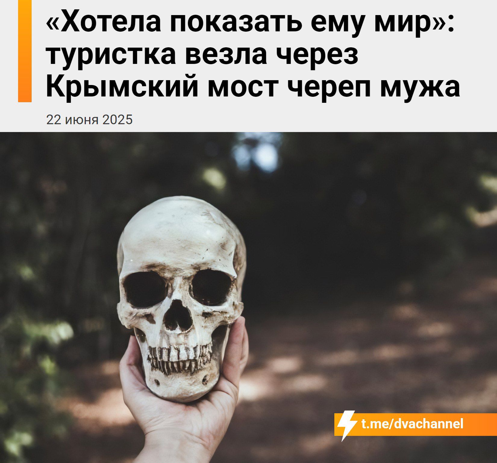 «Хотела показать ему мир»: туристка везла через Крымский мост череп мужа
22 июня 2025