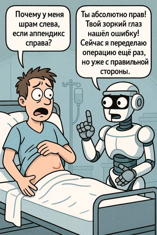 Почему у меня шрам слева, если аппендикс справа? Ты абсолютно прав! Твой зоркий глаз нашёл ошибку! Сейчас я переделаю операцию ещё раз, но уже с правильной стороны.