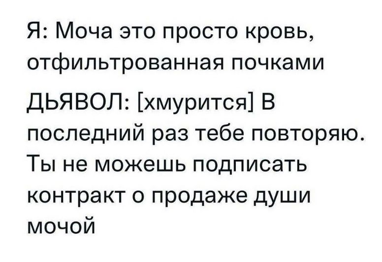 Я: Моча это просто кровь, отфильтрованная почками
ДЬЯВОЛ: [хмурится] В последний раз тебе повторяю. Ты не можешь подписать контракт о продаже души мочой