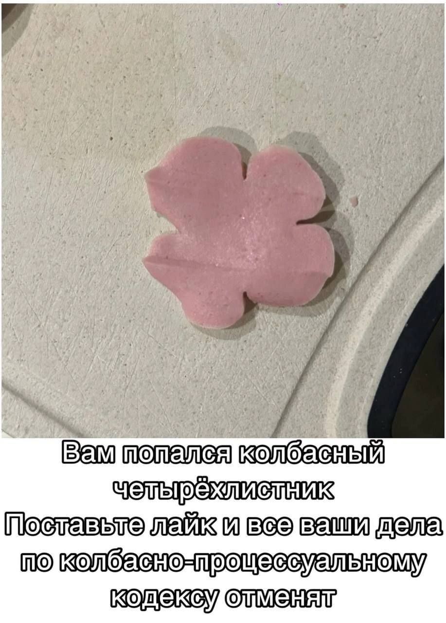 Вам попался колбасный четирёхлистник
Поставьте лайк и все ваши дела по колбасно-процессуальному кодексу отменят