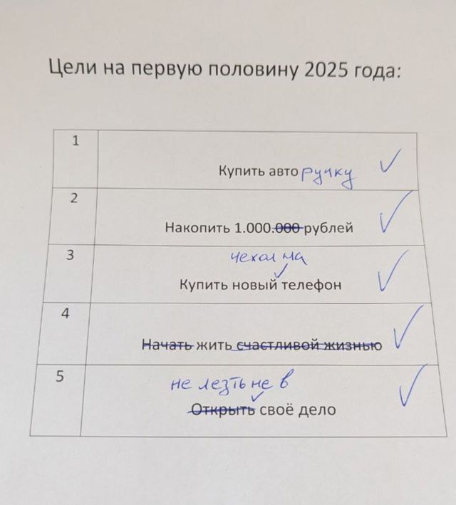 Цели на первую половину 2025 года:

1. Купить автoрулку
2. Накопить 1.000.000 рублей
3. Чеканка
4. Купить новый телефон
5. Начать жить счастливой жизнью
6. Не лезть в
7. Открыть свое дело