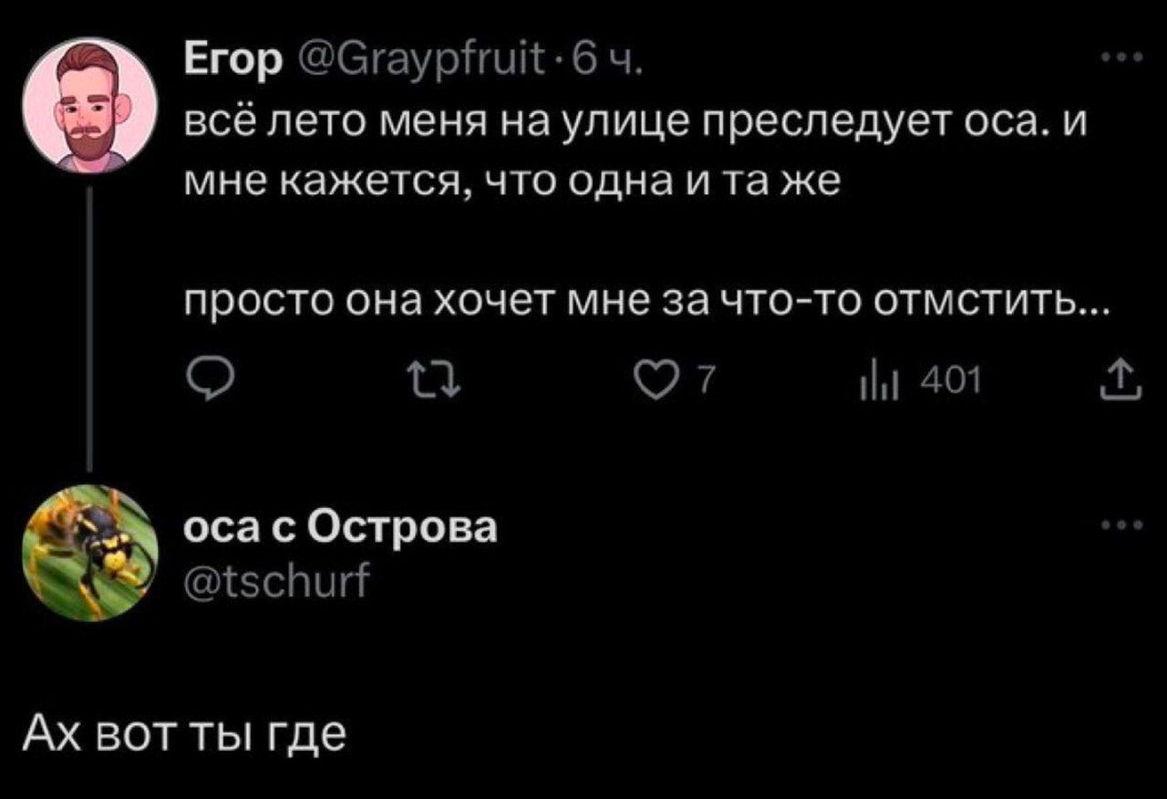 Егор @Graypfruit · 6 ч.
всё лето меня на улице преследует оса. и мне кажется, что одна и та же
просто она хочет меня за что-то отомстить...

оса с Острова @tschurf
Ах вот ты где