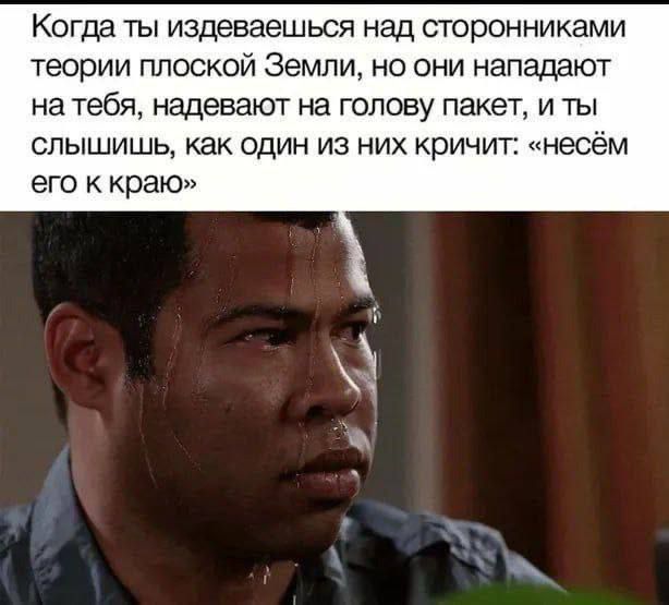 Когда ты издеваешься над сторонниками теории плоской Земли, но они нападают на тебя, надевают на голову пакет, и ты слышишь, как один из них кричит: «несём его к краю»