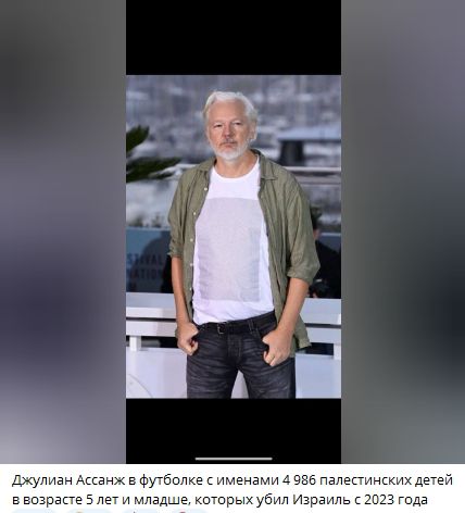 Джулиан Ассанж в футболке с именами 4 986 палестинских детей
ввозрасте 5 лет и младше, которых убил Израиль с 2023 года

