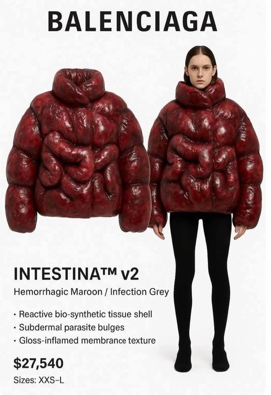 BALENCIAGA

INTESTINA™ v2
Hemorrhagic Maroon / Infection Grey
- Reactive bio-synthetic tissue shell
- Subdermal parasite bulges
- Gloss-inflamed membrane texture

$27,540
Sizes: XXS-L