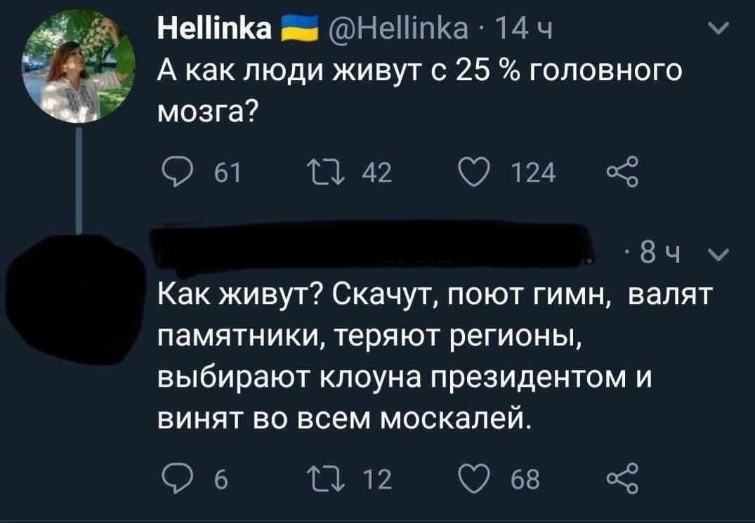 А как люди живут с 25 % головного мозга?
Как живут? Скачут, поют гимн, валят памятники, теряют регионы, выбирают клоуна президентом и винят во всем москалей.