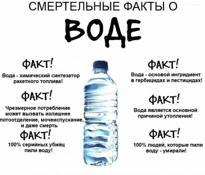 СМЕРТЕЛЬНЫЕ ФАКТЫ О ВОДЕ

ФАКТ!
Вода - химический синтетизатор ракетного топлива!

ФАКТ!
Вода - основной ингредиент в гербицидах и пестицидах!

ФАКТ!
Чрезмерное потребление может вызвать излишнее потоотделение, мочеиспускание, и даже смерть

ФАКТ!
Вода является основной причиной утоплений!

ФАКТ!
100% серийных убийц пили воду!

100% людей, которые пили воду - умерли!