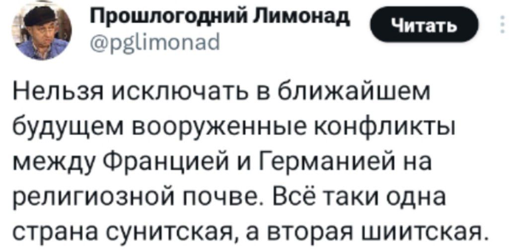 Нельзя исключать в ближайшем будущем вооруженные конфликты между Францией и Германией на религиозной почве. Всё таки одна страна суннитская, а вторая шиитская.