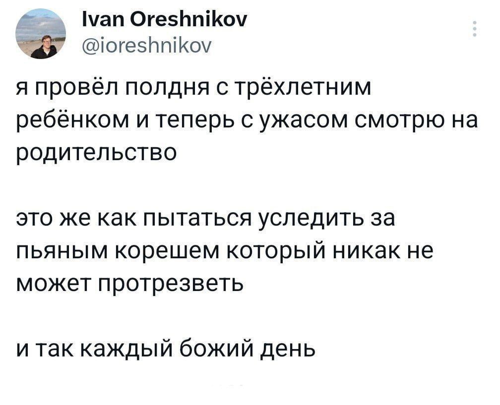 я провёл полдня с трёхлетним ребёнком и теперь с ужасом смотрю на родительство
это же как пытаться усмотреть за пьяным корешем который никак не может протрезветь
и так каждый божий день