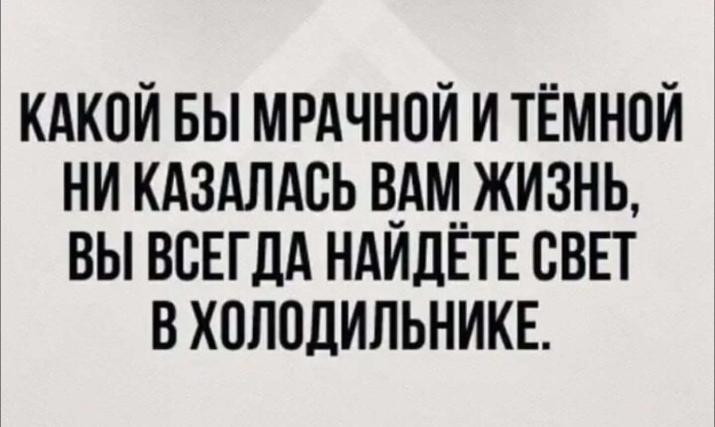 КАКОЙ БЫ МРАЧНОЙ И ТЁМНОЙ НИ КАЗАЛАСЬ ВАМ ЖИЗНЬ, ВЫ ВСЕГДА НАЙДЁТЕ СВЕТ В ХОЛОДИЛЬНИКЕ.