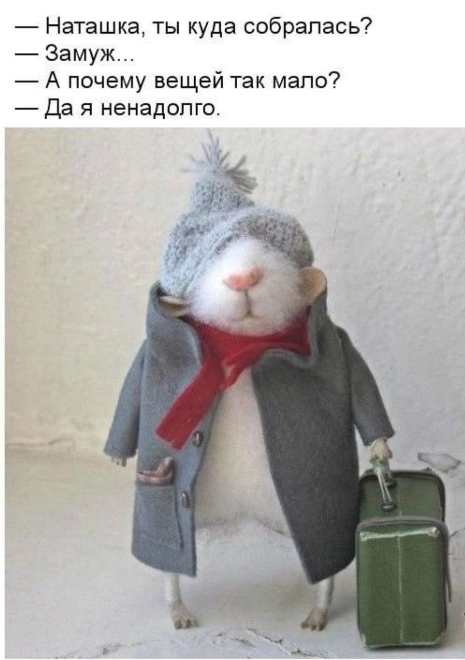 — Наташка, ты куда собралась?  
— Замуж...  
— А почему вещей так мало?  
— Да я ненадолго.