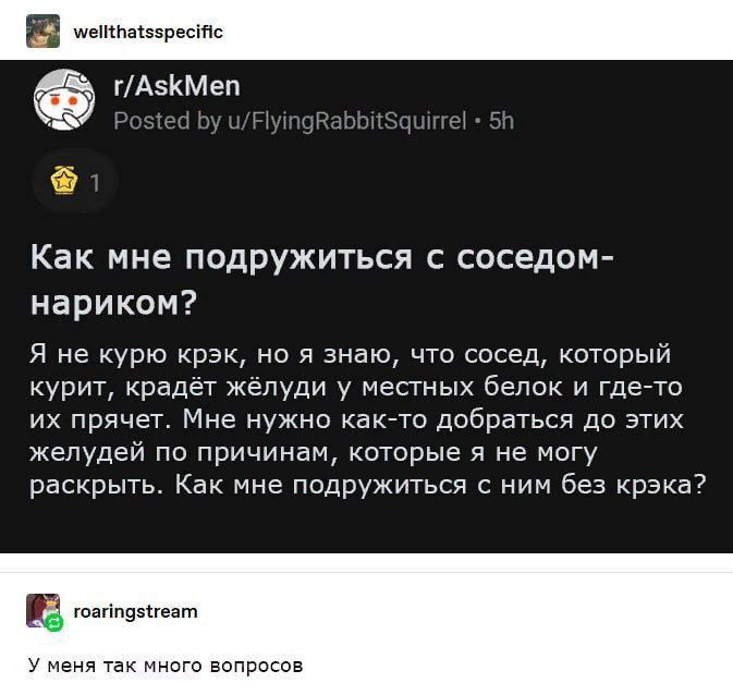 Как мне подружиться с соседом-наркоманом? Я не курю крэк, но я знаю, что сосед, который курит, крадет жёлуди у местных белок и где-то их прячет. Мне нужно как-то добраться до этих жёлудей по причинам, которые я не могу раскрыть. Как мне подружиться с ним без крэка?

У меня так много вопросов