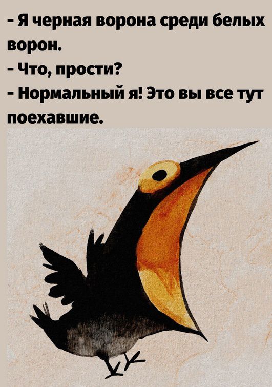 - Я черная ворона среди белых ворон.
- Что, прости?
- Нормальный я! Это вы все тут поехавшие.
