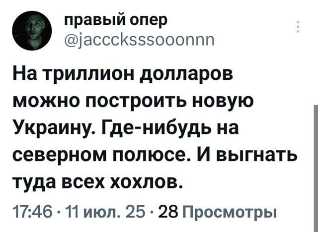 На триллион долларов можно построить новую Украину. Где-нибудь на северном полюсе. И выгнать туда всех хохлов.
