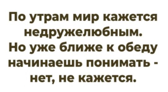 По утрам мир кажется недружелюбным. Но уже ближе к обеду начинаешь понимать - нет, не кажется.