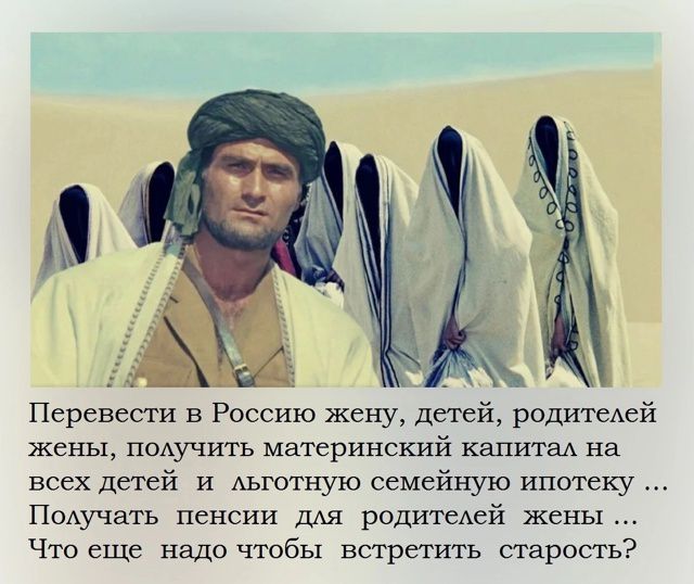 Перевести в Россию жену, детей, родителей жены, получить материнский капитал на всех детей и льготную семейную ипотеку ... Получать пенсии для родителей жены ... Что еще надо чтобы встретить старость?