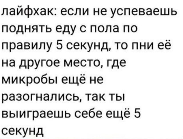 лайфхак: если не успеваешь поднять еду с пола по правилу 5 секунд, то пни её на другое место, где микробы ещё не разогнались, так ты выиграешь себе ещё 5 секунд