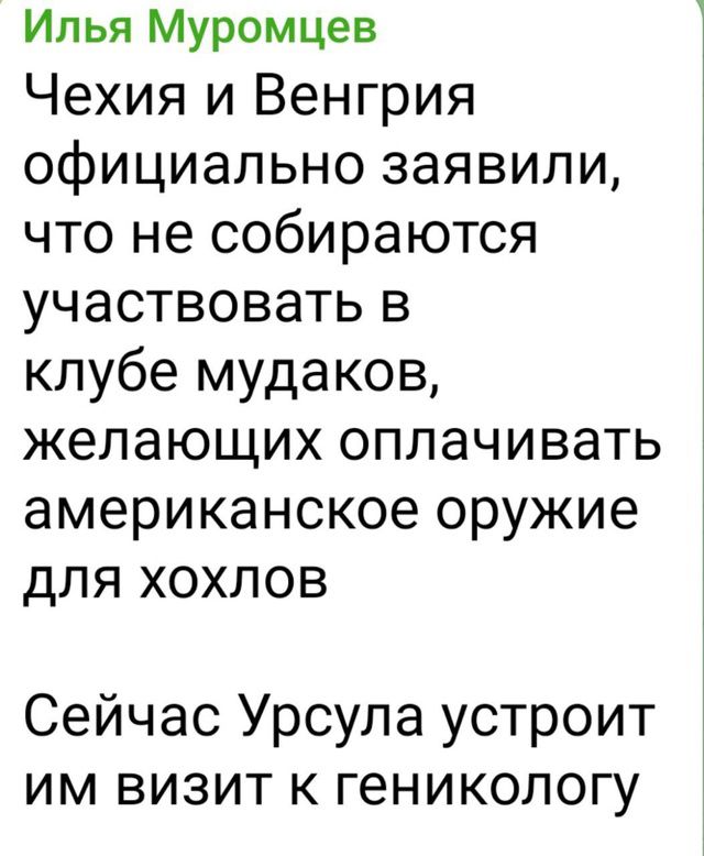 Чехия и Венгрия официально заявили, что не собираются участвовать в клубе мудаков, желающих оплачивать американское оружие для хохлов
Сейчас Урсула устроит им визит к гинекологу