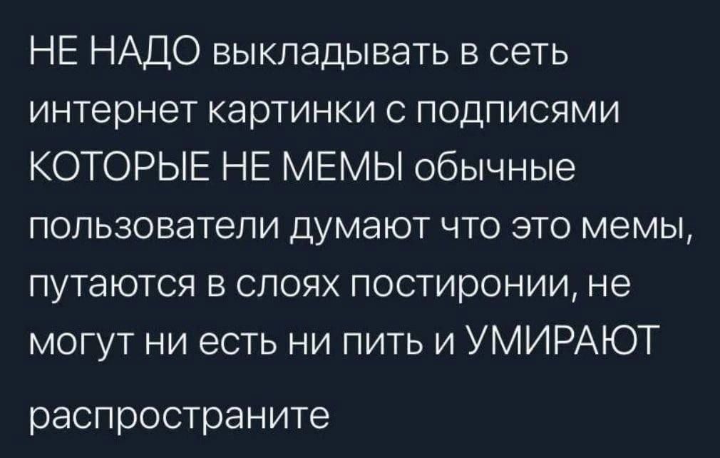НЕ НАДО выкладывать в сеть интернет картинки с подписями КОТОРЫЕ НЕ МЕМЫ обычные пользователи думают что это мемы, путаются в слоях постиронии, не могут ни есть ни пить и УМИРАЮТ распространите