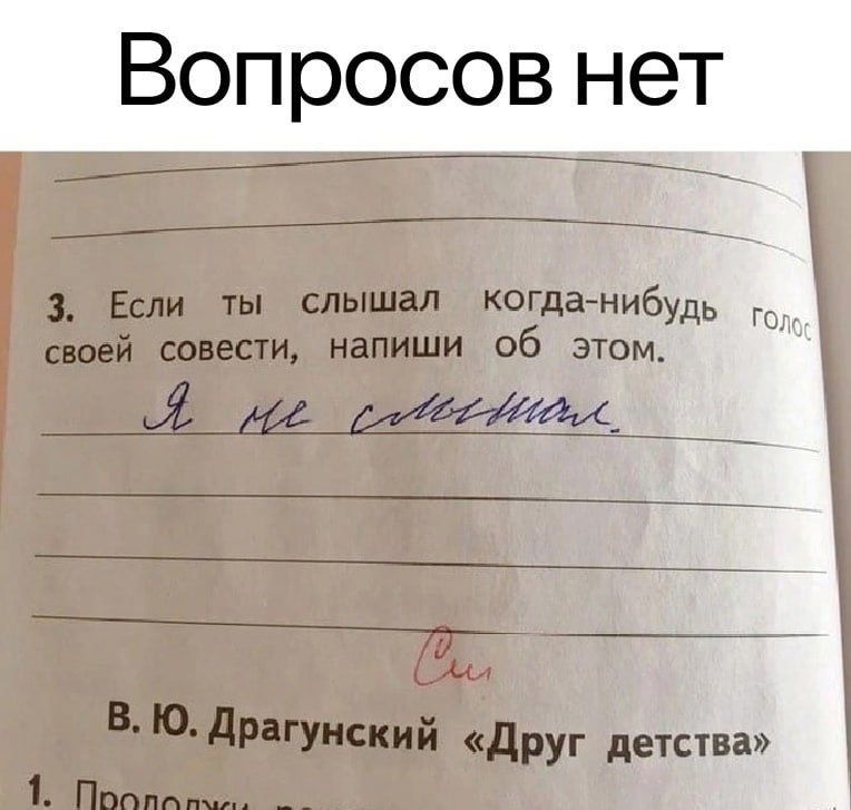 Вопросов нет
Если ты слышал когда-нибудь голос своей совести, напиши об этом.
Я не слышал.
