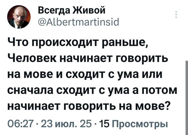 Что происходит раньше, Человек начинает говорить на мове и сходит с ума или сначала сходит с ума а потом начинает говорить на мове?