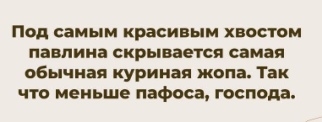 Под самым красивым хвостом павлина скрывается самая обычная куриная жопа. Так что меньше пафоса, господа.