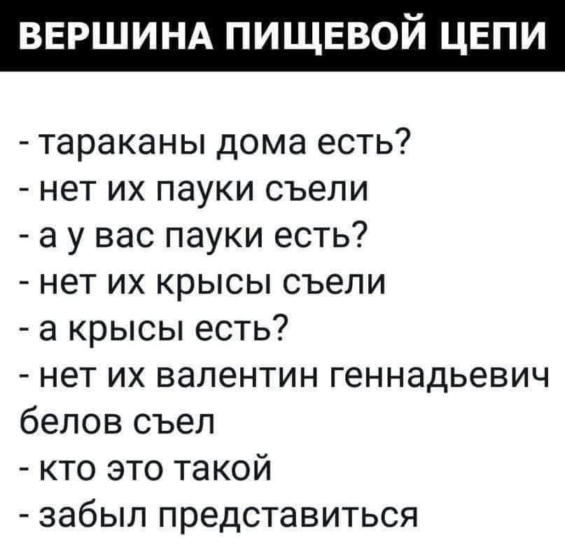 ВЕРШИНА ПИЩЕВОЙ ЦЕПИ
- тараканы дома есть?
- нет их пауки съели
- а у вас пауки есть?
- нет их крысы съели
- а крысы есть?
- нет их валентин геннадьевич белов съел
- кто это такой
- забыл представиться
