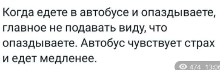Когда едете в автобусе и опаздываете, главное не подавать виду, что опаздываете. Автобус чувствует страх и едет медленнее.