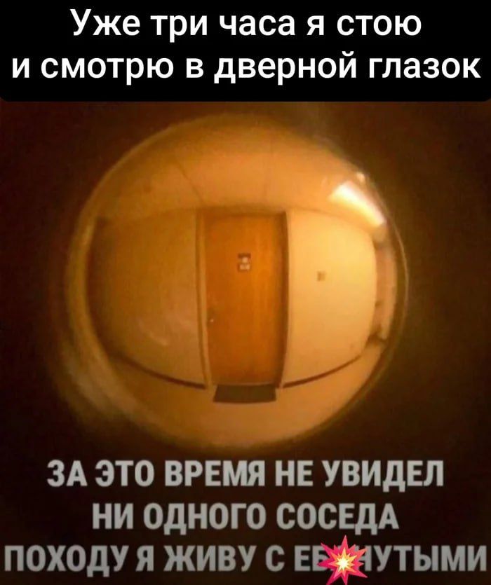 Уже три часа я стою и смотрю в дверной глазок

За это время не увидел ни одного соседа

Похоже я живу с ебнутыми