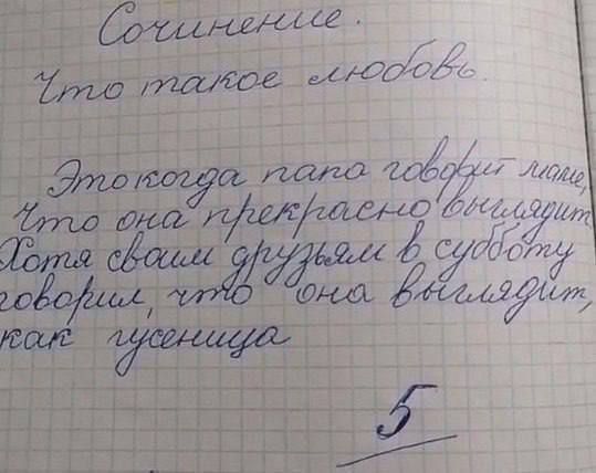 Сочинение. Что такое любовь.

Это когда папа говорит маме, что она прекрасно выглядит. Хотя ваши друзья в субботу говорят, что она выглядит как ученица.