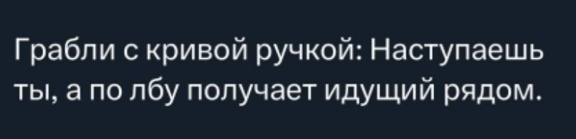 Грабли с кривой ручкой: Наступаешь ты, а по лбу получает идущий рядом.
