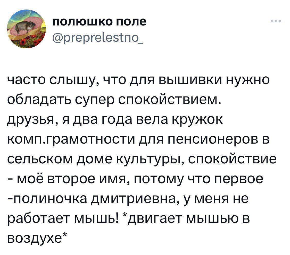 часто слышу, что для вышивки нужно обладать супер спокойствием. друзья, я два года вела кружок комп. грамотности для пенсионеров в сельском доме культуры, спокойствие - моё второе имя, потому что первое - полиновка дмитриевна, у меня не работает мышь! *двигает мышью в воздухе*