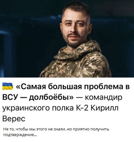 «Самая большая проблема в ВСУ — долбёбы» — командир украинского полка K-2 Кирилл Верес
Не то, чтобы мы этого не знали, но приятно получить подтверждение…