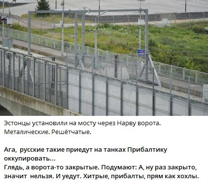 Эстонцы установили на мосту через Нарву ворота. Металлические. Решётчатые.

Ага, русские такие приедут на танках Прибалтику оккупировать... Глядь, а ворота-то закрыты. Подумуют: А, ну раз закрыто, значит нельзя. И уедут. Хитрые, прибалты, прям как хохлы.