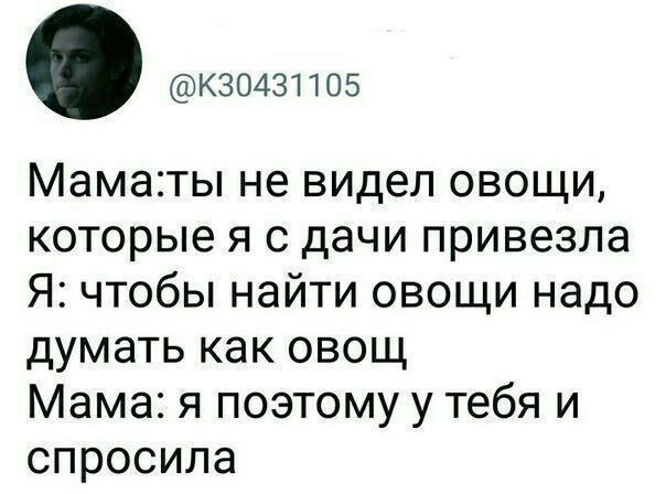 Мама: ты не видел овощи, которые я с дачи привезла
Я: чтобы найти овощи, надо думать как овощ
Мама: я поэтому у тебя и спросила