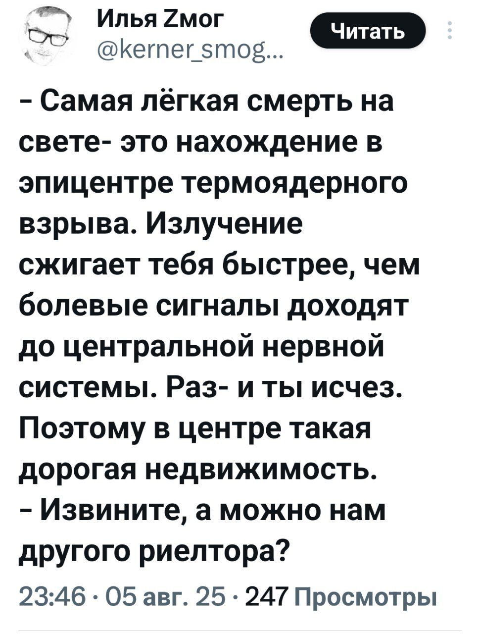 – Самая лёгкая смерть на свете- это нахождение в эпицентре термоядерного взрыва. Излучение сжигает тебя быстрее, чем болевые сигналы доходят до центральной нервной системы. Раз- и ты исчез. Поэтому в центре такая дорогая недвижимость. – Извините, а можно нам другого риелтора?