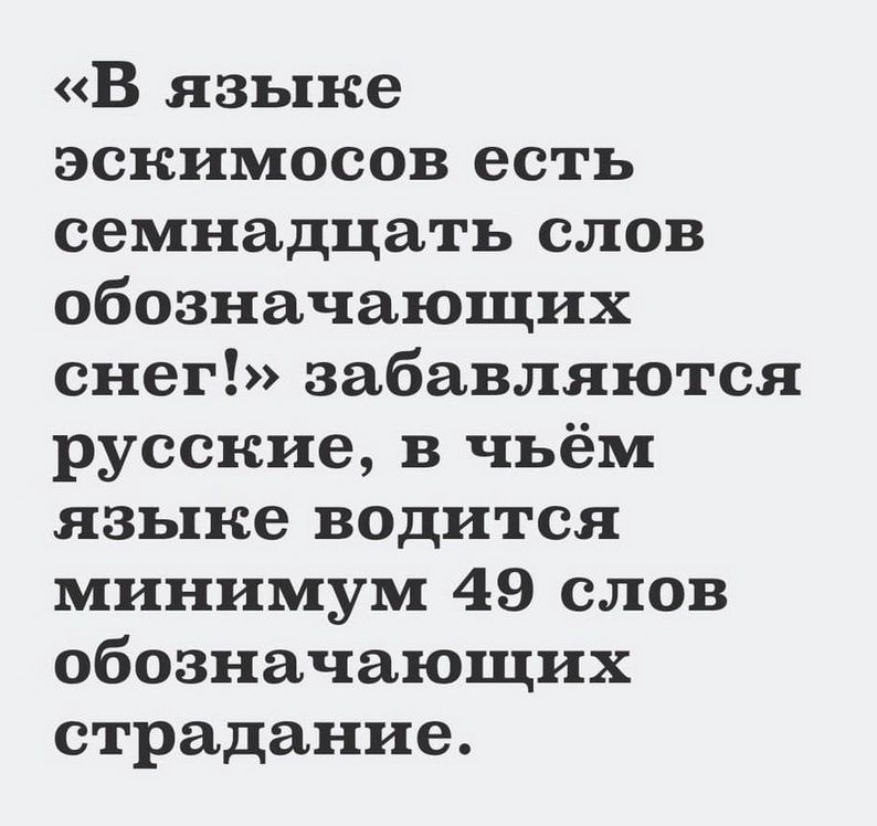 «В языке эскимосов есть семнадцать слов обозначающих снег!» забавляются русские, в чьём языке водится минимум 49 слов обозначающих страдание.