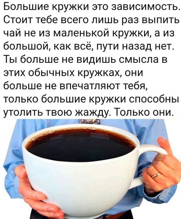 Большие кружки это зависимость. Стоит тебе всего лиш раз выпить чай не из маленькой кружки, а из большой, как всё, пути назад нет. Ты больше не видишь смысла в этих обычных кружках, они больше не впечатляют тебя, только большие кружки способны утолить твою жажду. Только они.
