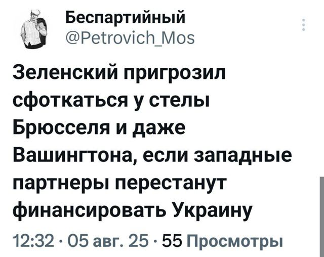 Зеленский пригрозил сфоткаться у стелы Брюсселя и даже Вашингтона, если западные партнеры перестанут финансировать Украину
12:32 05 авг. 25 55 Просмотров