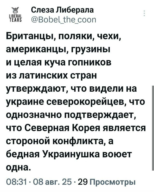 Британцы, поляки, чехи, американцы, грузины и целая куча гопников из латинских стран утверждают, что видели на украине северокорейцев, что однозначно подтверждает, что Северная Корея является стороной конфликта, а бедная Украинкушка воет одна.